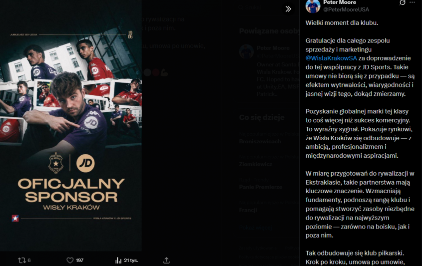 Taką grafikę z DISEM wrzucił Peter Moore na ogłoszenie... NOWEGO SPONSORA Wisły Kraków xD